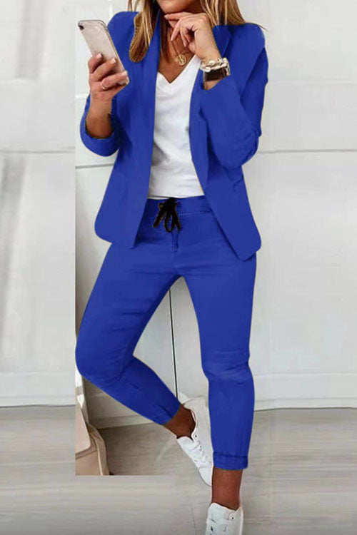 Women's cotton-blend blazer and elastic-waist trousers suit set for work, available up to 3XL