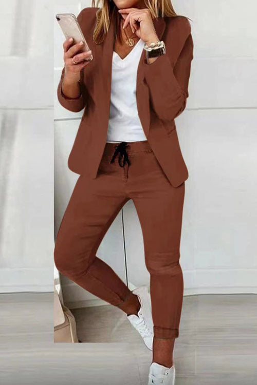 Women's cotton-blend blazer and elastic-waist trousers casual suit set plus size up to 3XL