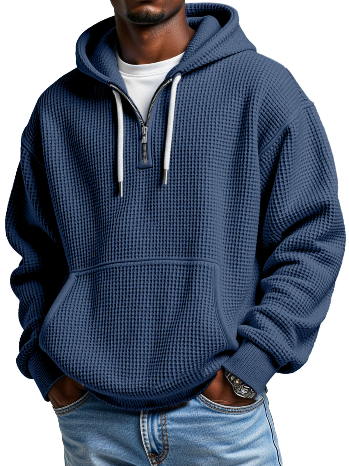 Men's waffle texture half-zip hoodie with front pocket, casual winter pullover in neutral tone