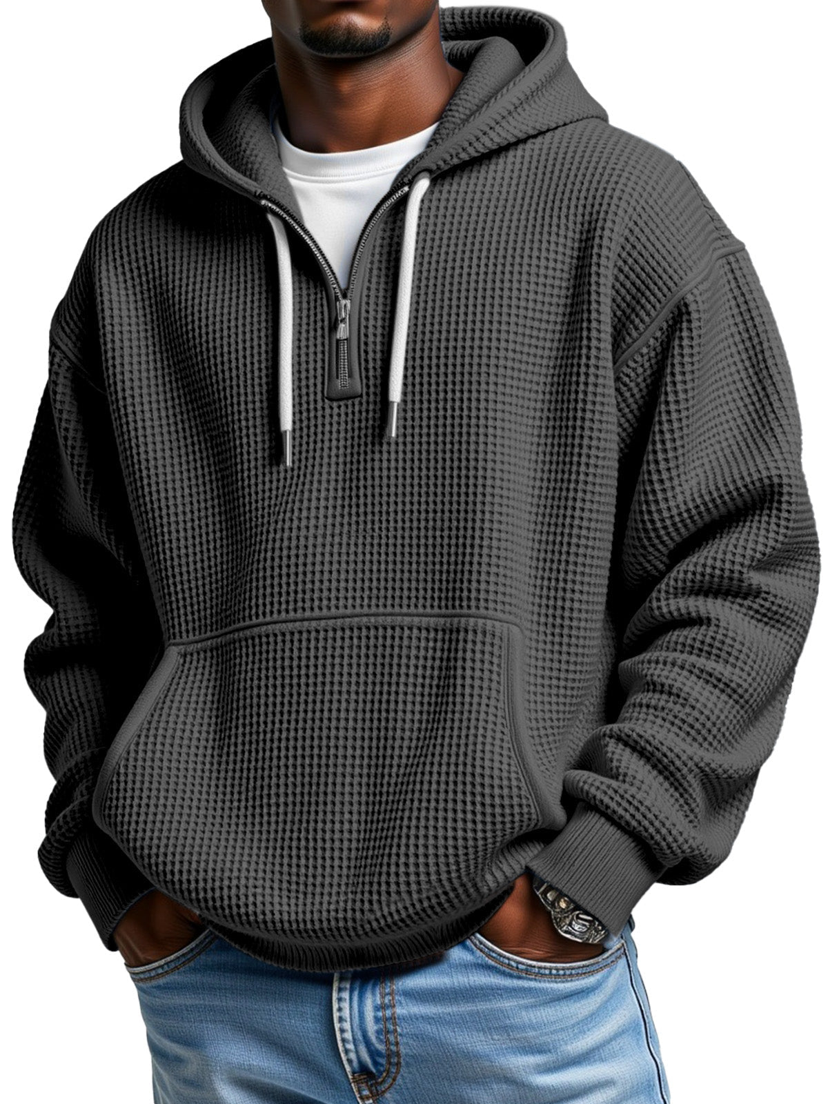 Men's waffle-texture half-zip hoodie with front pocket, casual winter pullover in everyday comfort fit