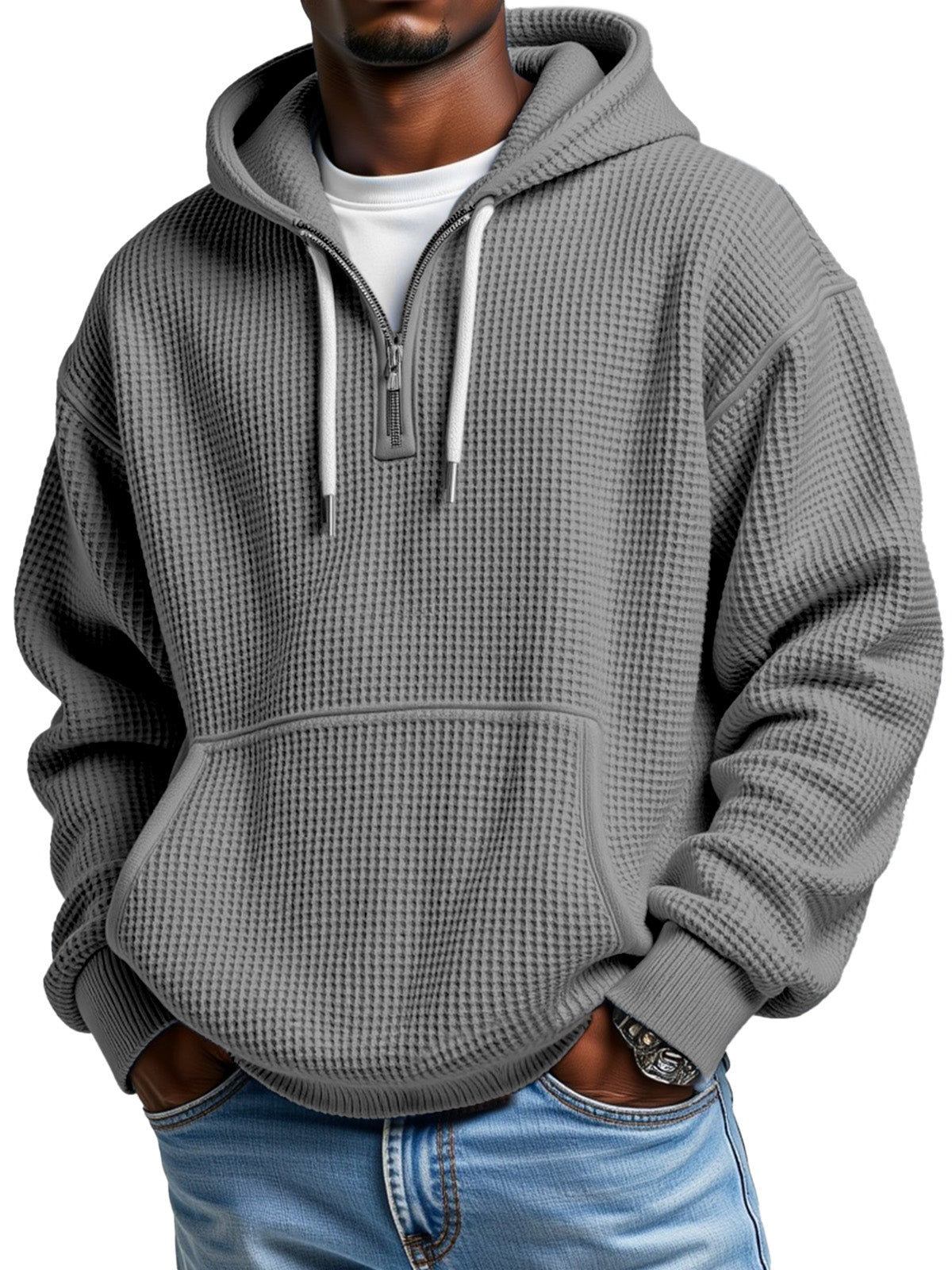 Men's winter waffle-texture hoodie half-zip pullover with hood and front pocket