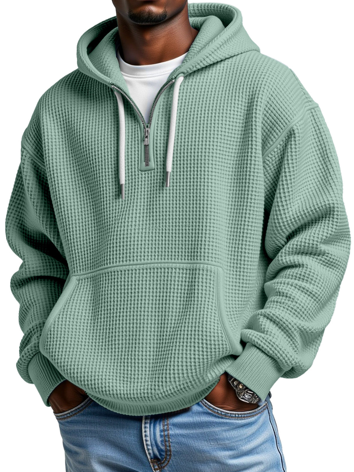 Men's winter hoodie half-zip with hood, waffle texture, front pocket, versatile everyday comfort layer
