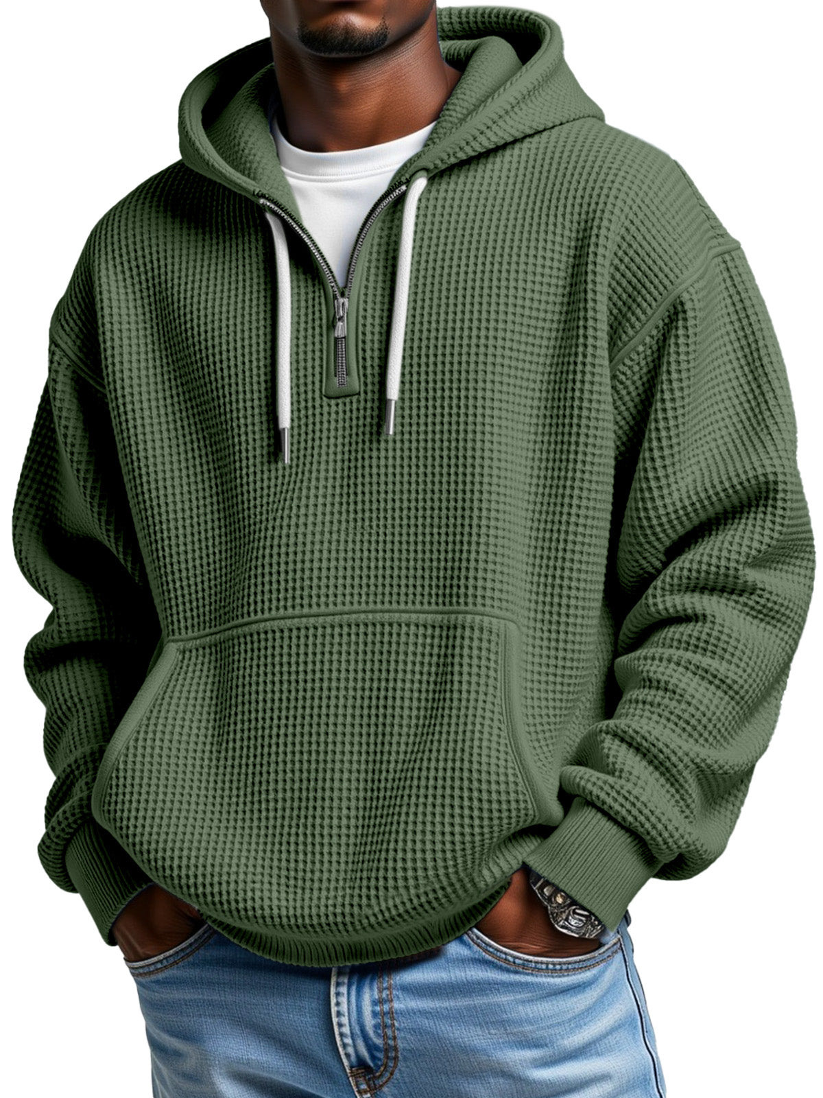 Men's winter hoodie half zip with hood waffle texture front pocket everyday comfort pullover