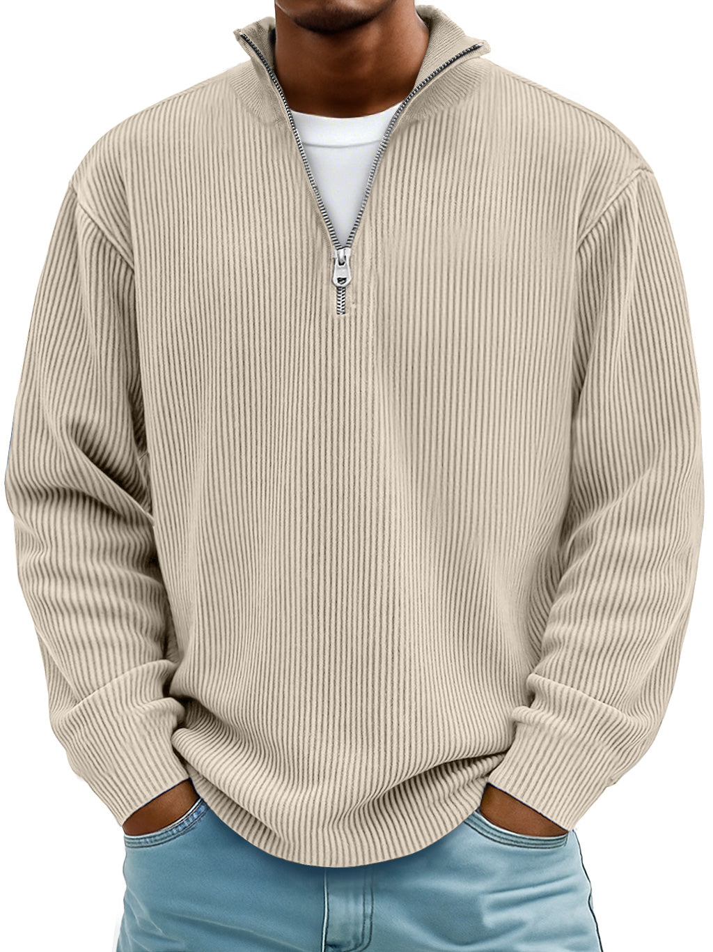 Men's ribbed half-zip winter sweater neutral tone slim fit modern cold-weather layering essential