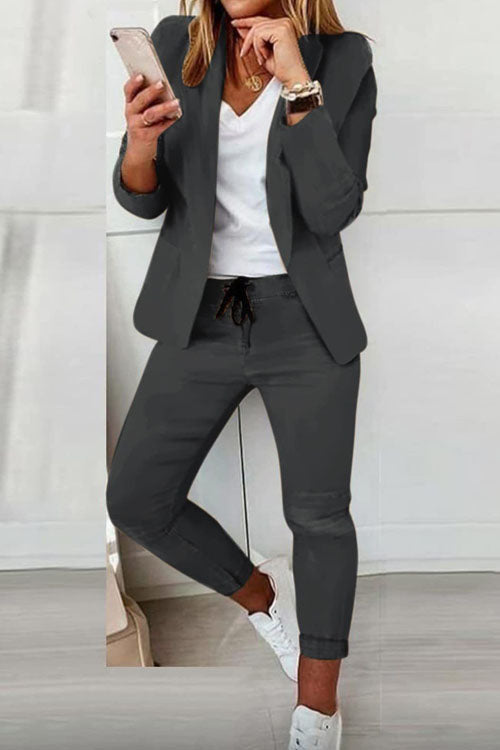 Women's cotton-blend blazer and elastic-waist trousers casual suit set in extended sizes