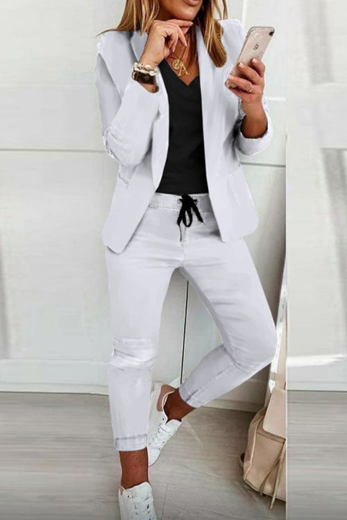 Women's casual cotton-blend blazer and elastic-waist pants suit set in neutral tones, plus-size available