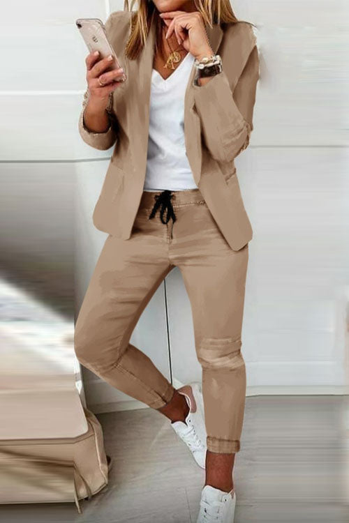 Women's cotton-blend blazer and elastic-waist trousers suit set, polished casual style up to 3XL