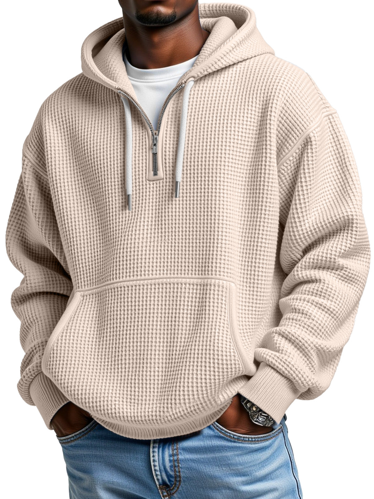 Men's winter hoodie half-zip waffle texture pullover with hood and front pocket in neutral tone