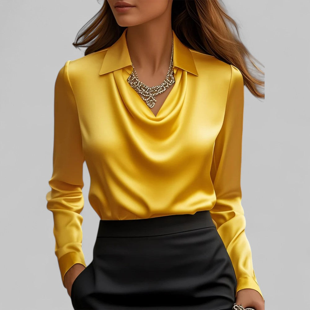 Women's ivory satin blouse with draped collar, fluid silhouette and polished everyday elegance