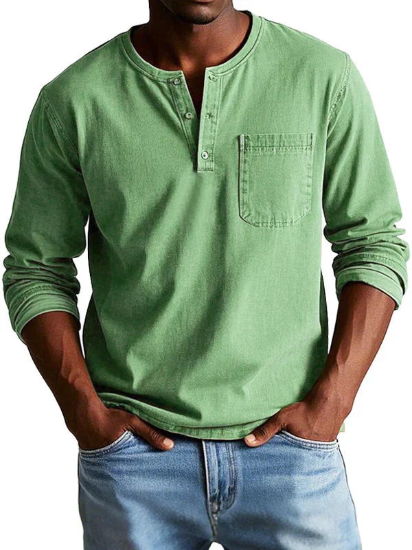 Men's casual long sleeve Henley shirt classic button-down collar relaxed fit everyday comfort style