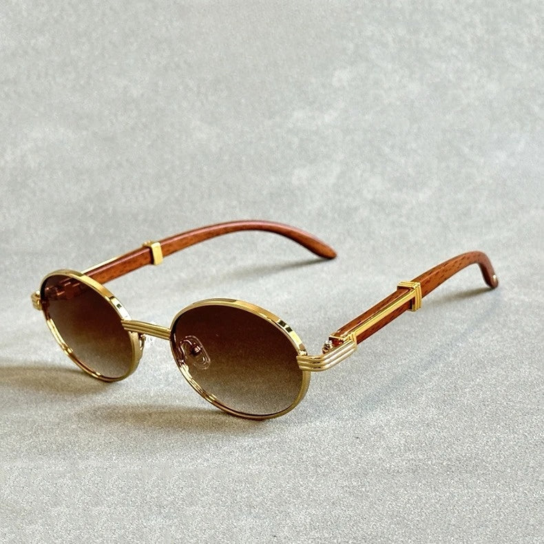 Solé round woodgrain sunglasses with gold detailing, UV400 protection, vintage-inspired lightweight frames