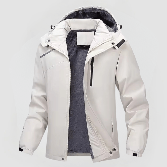 Men's warm navy hooded outdoor jacket with structured fit and refined silhouette for daily wear