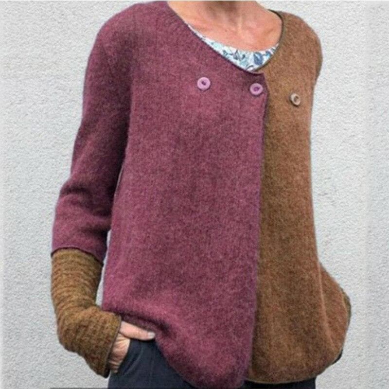 Women's color block relaxed fit sweater with button front, scoop neck, and drop shoulders