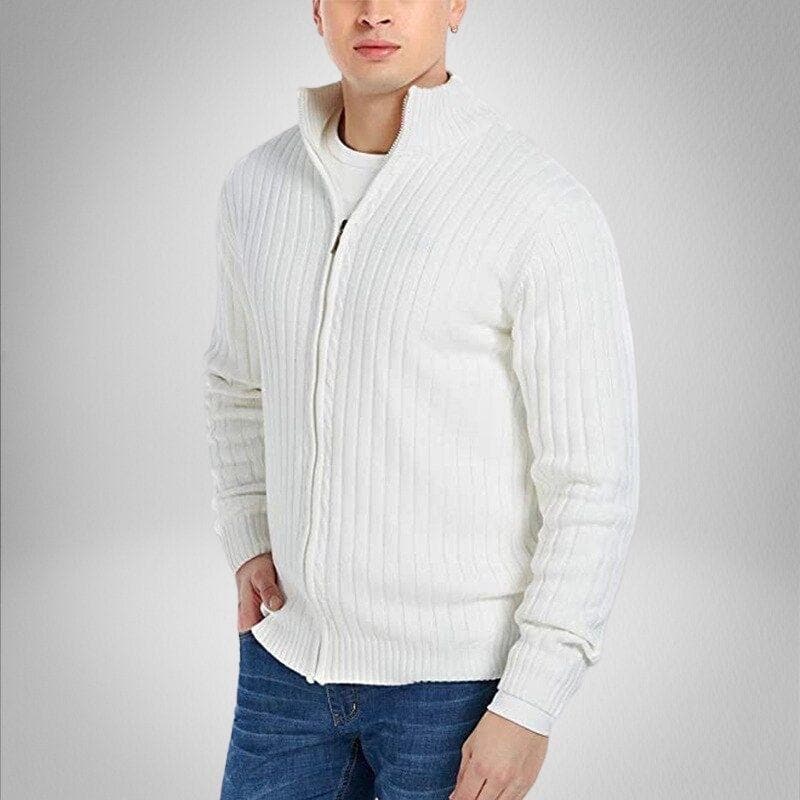 Men's ribbed texture zip-up cardigan in neutral tone, modern slim fit for stylish layering