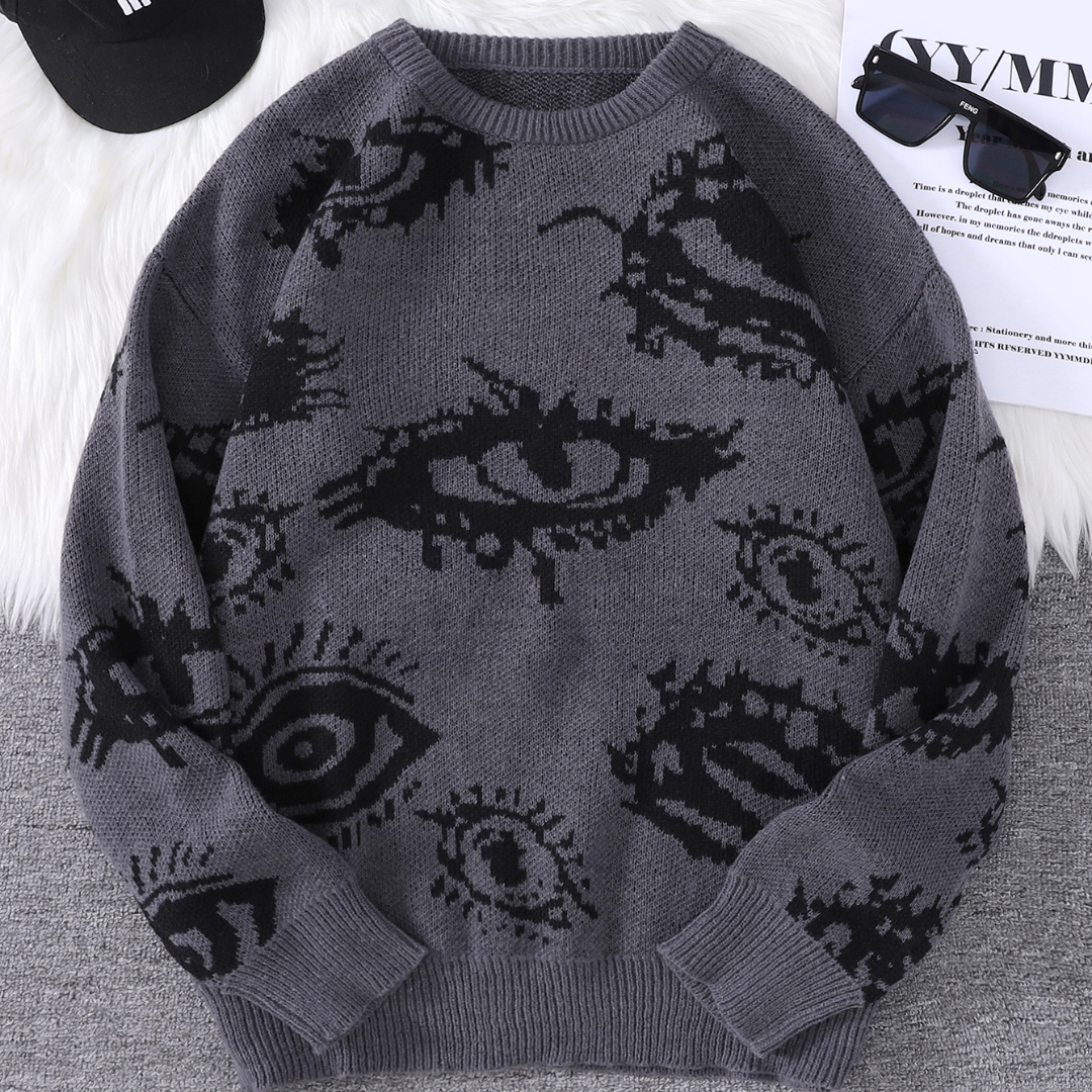 Beige lightweight round-neck jacquard knit sweater with abstract eye pattern for casual everyday wear