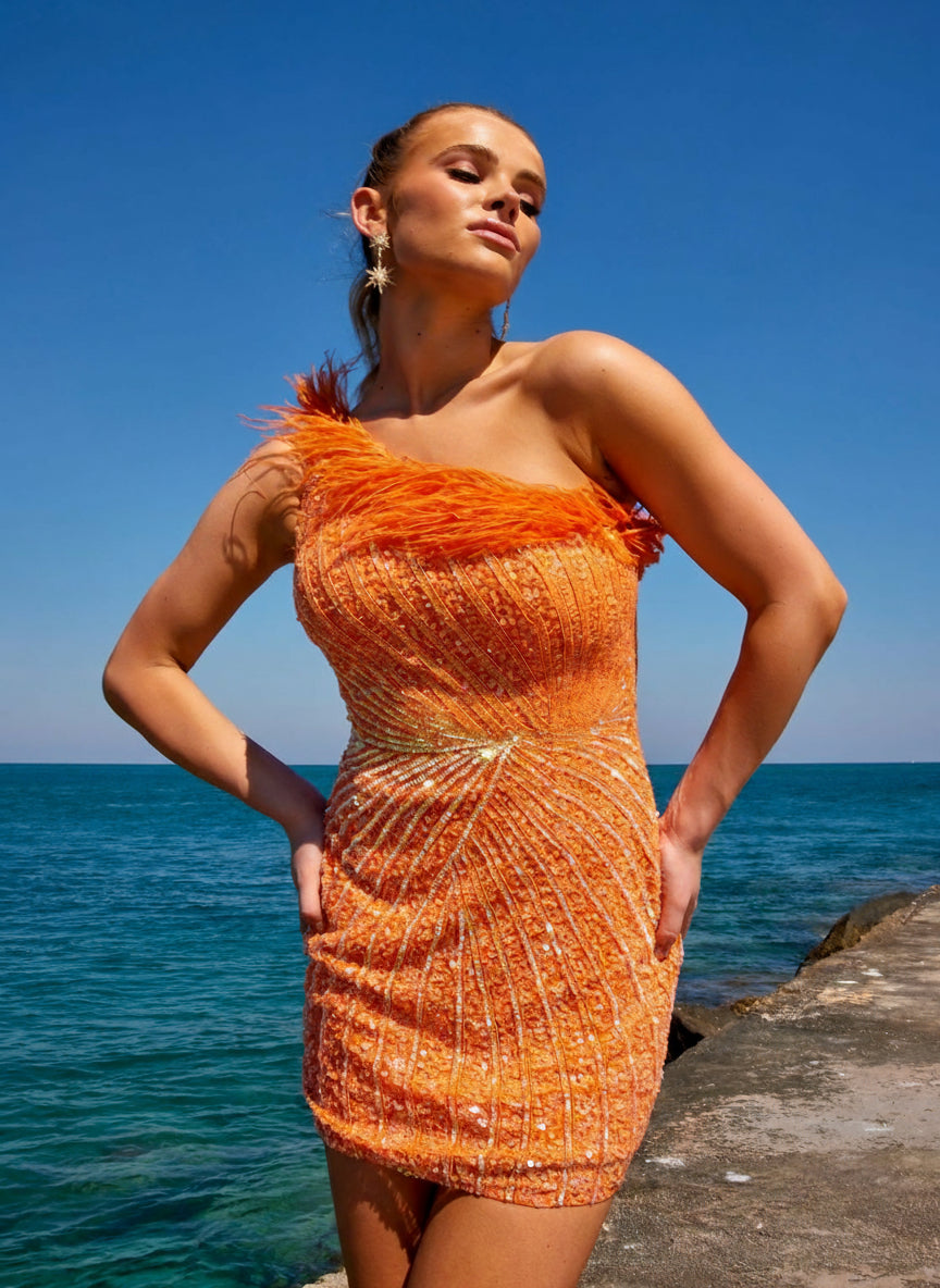 Primavera Couture short one-shoulder homecoming dress with beaded bodice and mesh silhouette