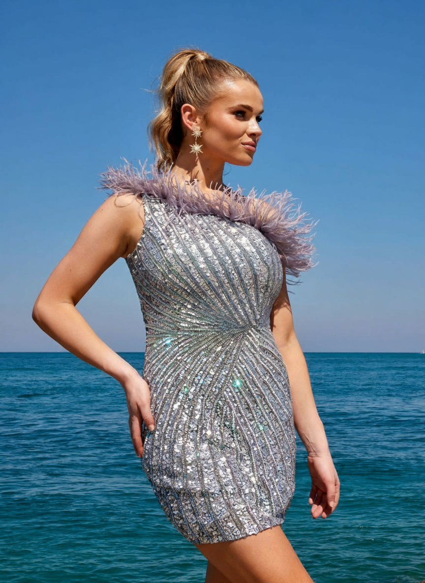 Primavera Couture one shoulder short homecoming dress beaded bodice mesh silhouette