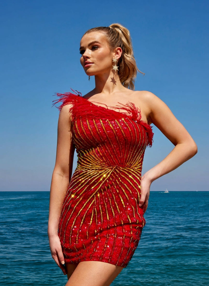 Primavera Couture short one-shoulder homecoming dress with beaded bodice and mesh silhouette