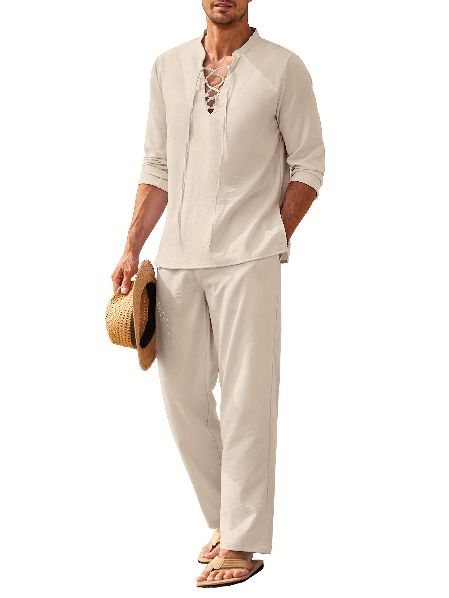 Men's two-piece beach set white lace-up neckline lightweight breathable casual coastal outfit