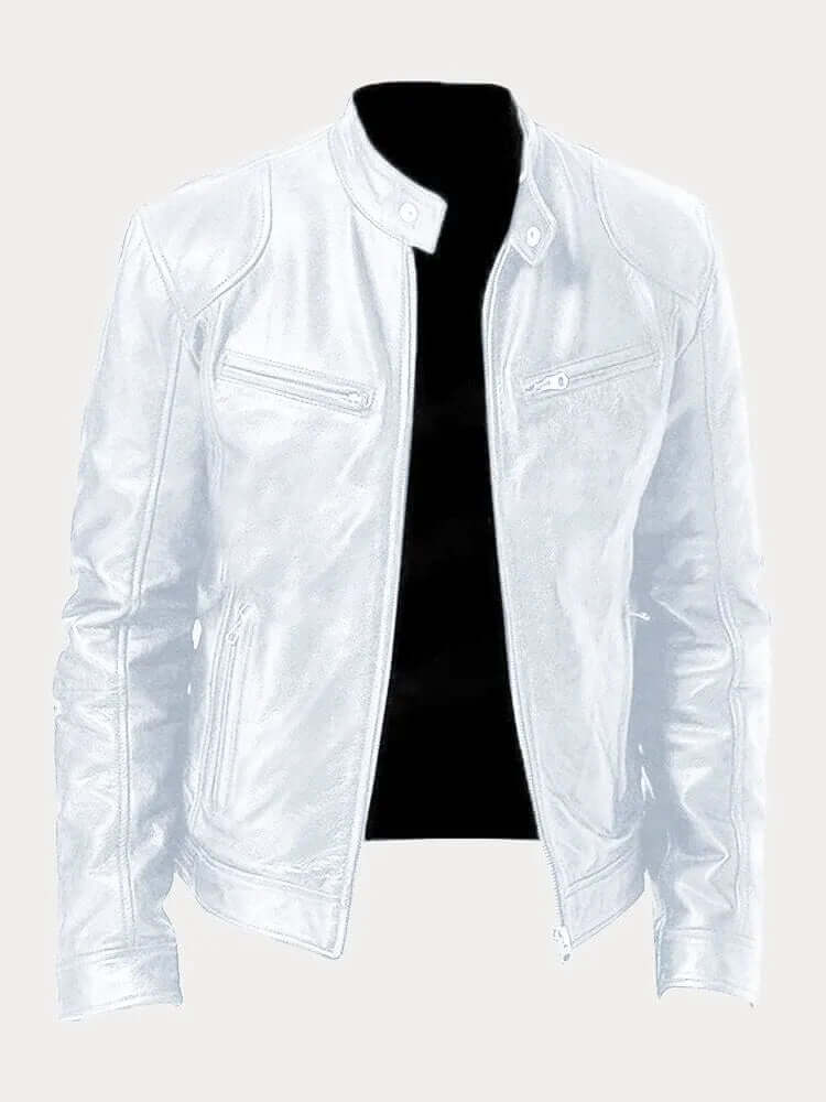 Men's black leather jacket rugged biker style stand collar with snap button zip closure