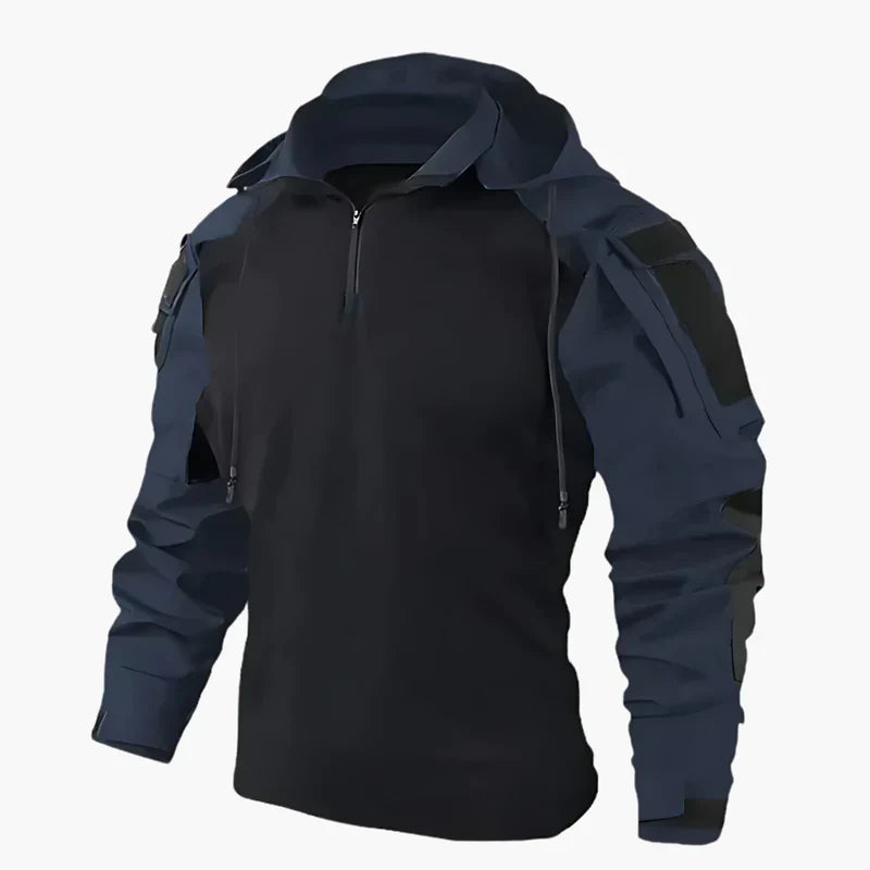 Men olive green military-style windproof outdoor jacket with adjustable hood for hiking and urban wear