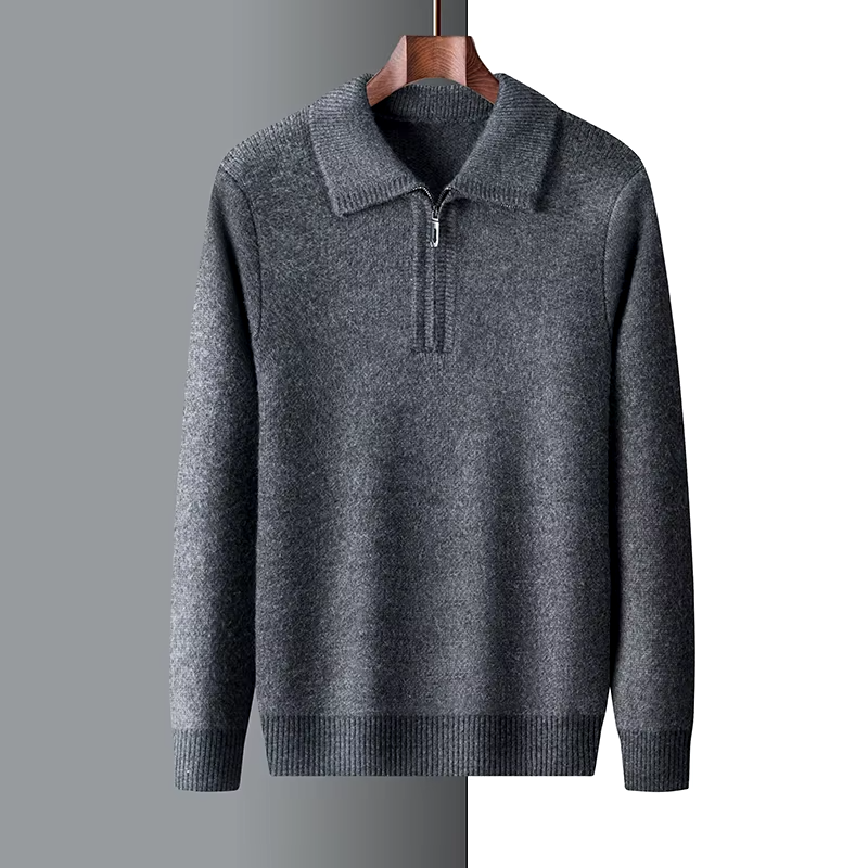 Men's gray regular fit soft knit sweater short zip flat collar modern casual style