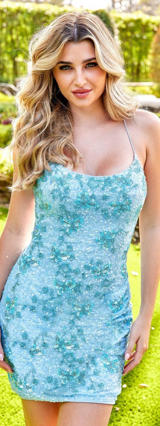 Fitted halter short homecoming dress with crisscross back in sequin-mesh fabric, elegant sparkle for teens