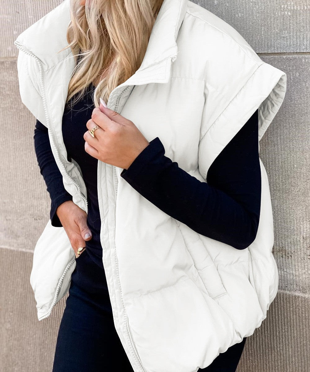Women's padded quilted vest high collar zipper relaxed fit layering casual warmth transitional style