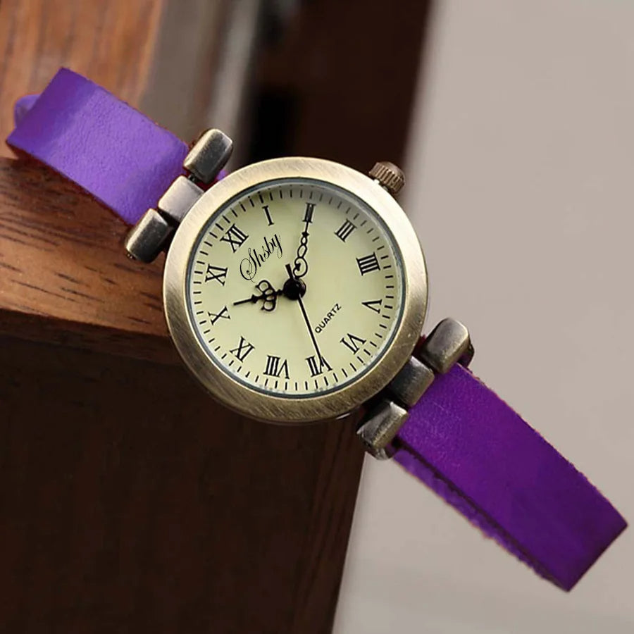 Evelyn vintage quartz watch stainless steel case brown leather strap retro Roman numeral dial