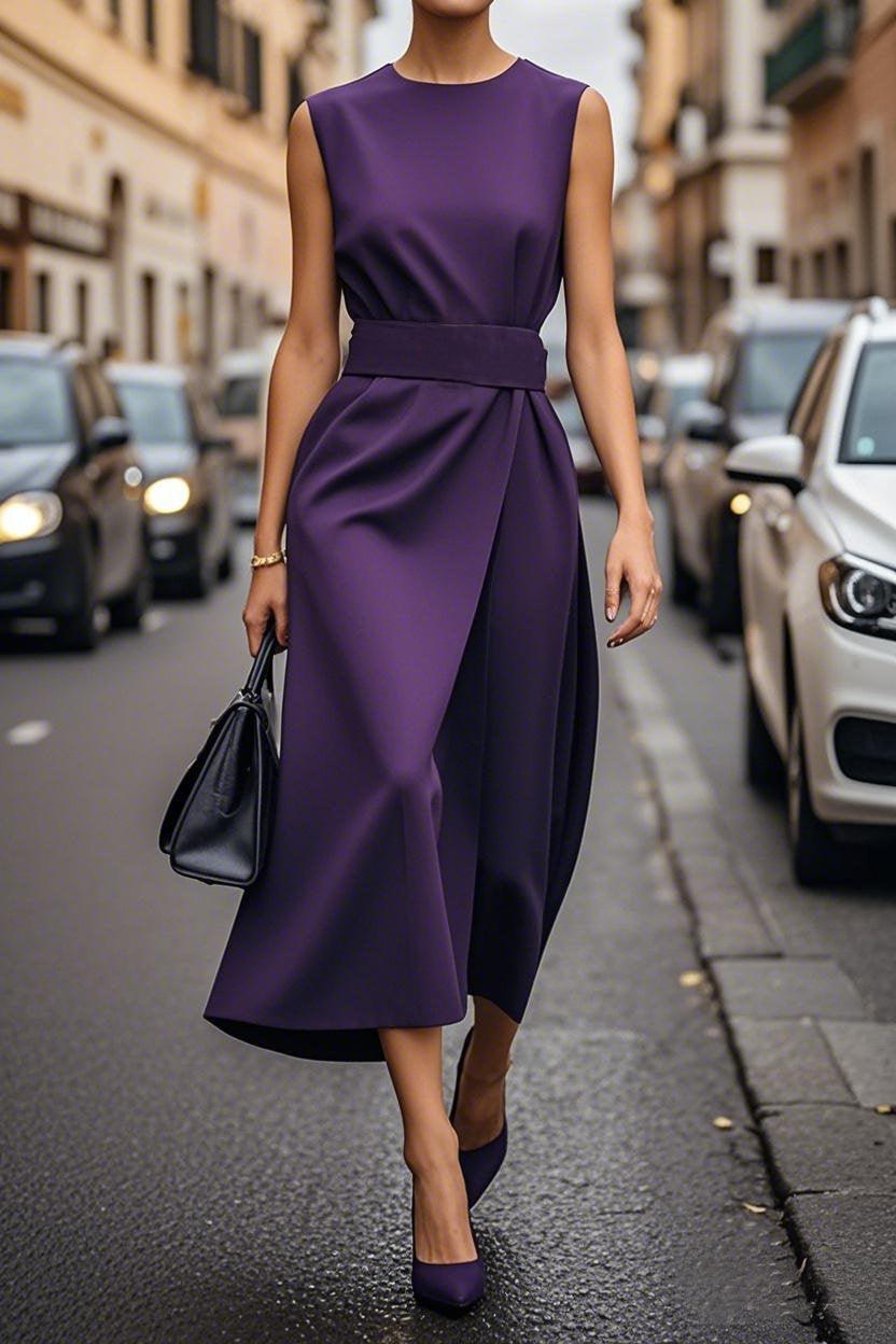 Elegant solid color women's waist dress in cotton blend, regular length with refined silhouette