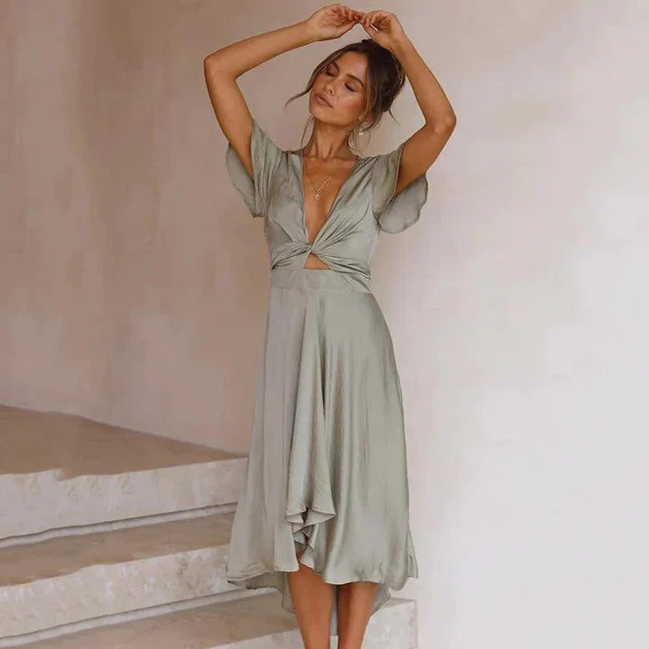 Luna | Women's Satin Midi Dress Deep V-Neck Tie Front Flutter Sleeve