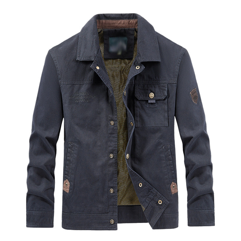 Men's casual work jacket cotton blend snap-front closure shirt collar with functional pockets