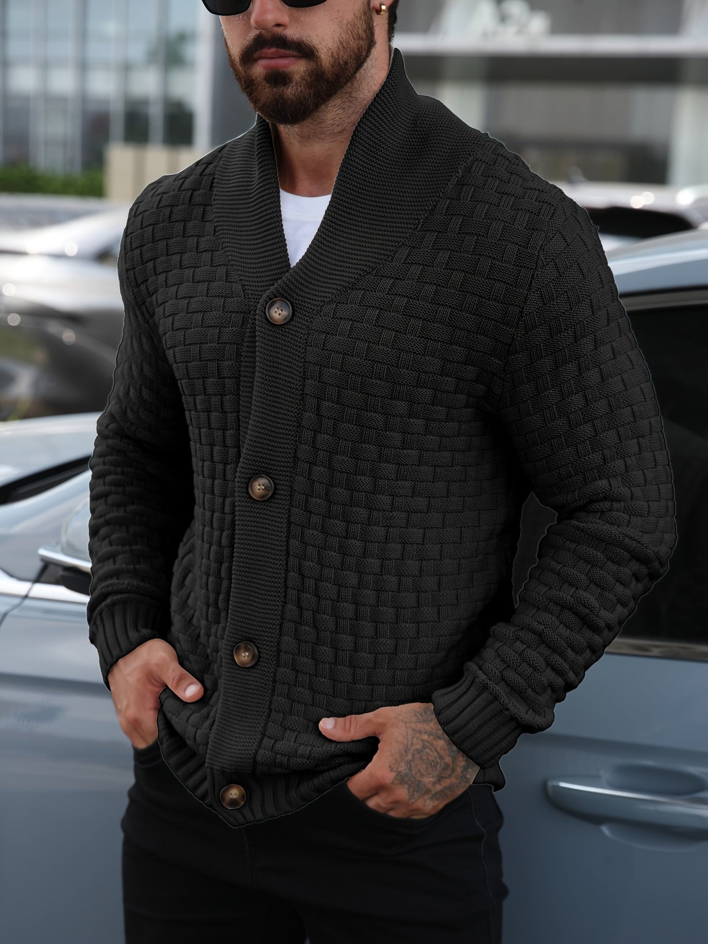 Men's gray basketweave knit cardigan heavyweight cotton shawl collar structured silhouette