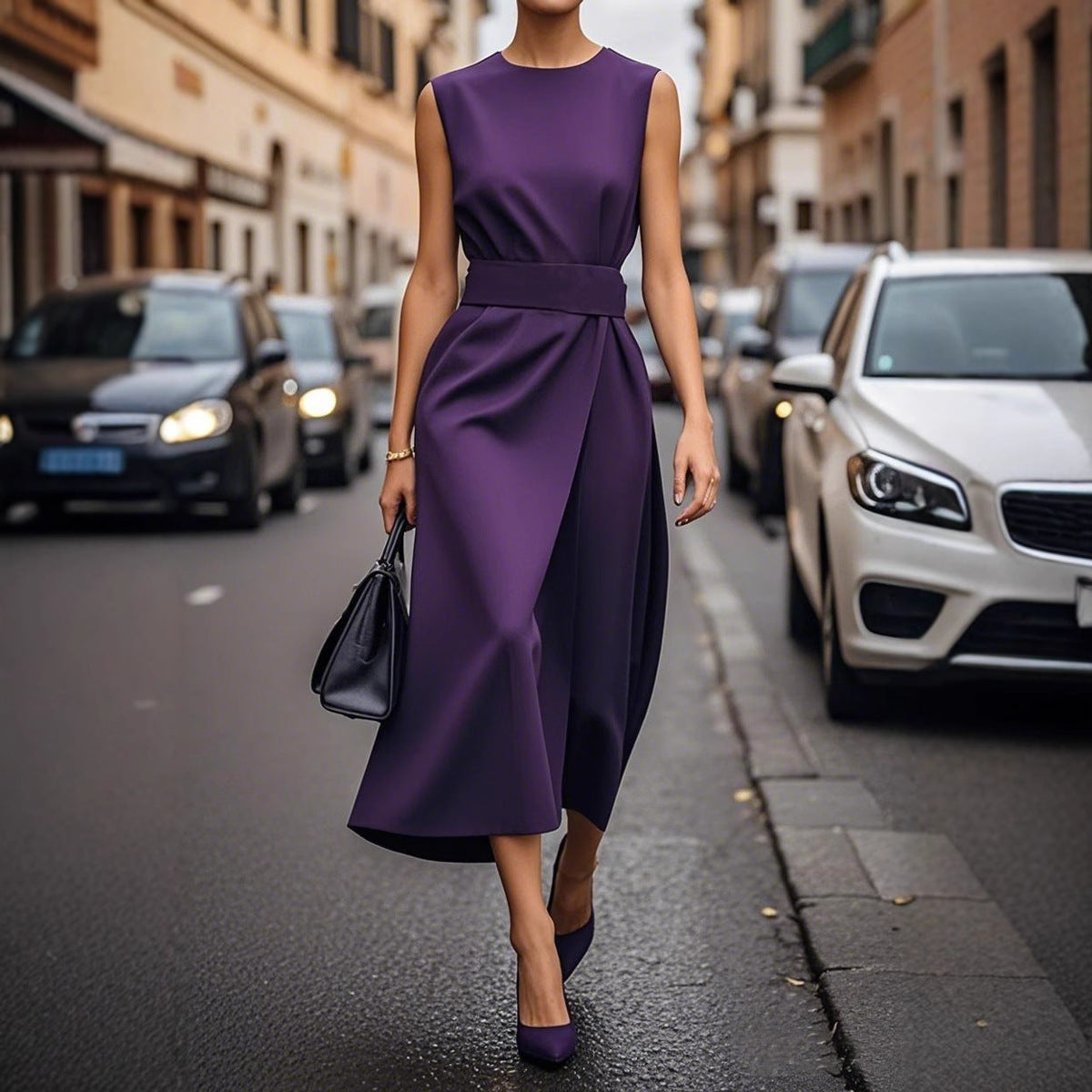 Renata sleeveless midi wrap dress with ruched draping, lightweight elegant workwear for women