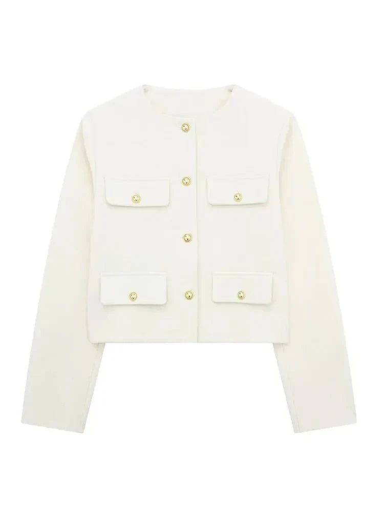 Women's short structured jacket with gold button details and tailored silhouette for timeless elegance