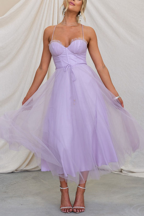 Blush pink tulle midi dress A-line silhouette with layered overlay perfect for spring weddings