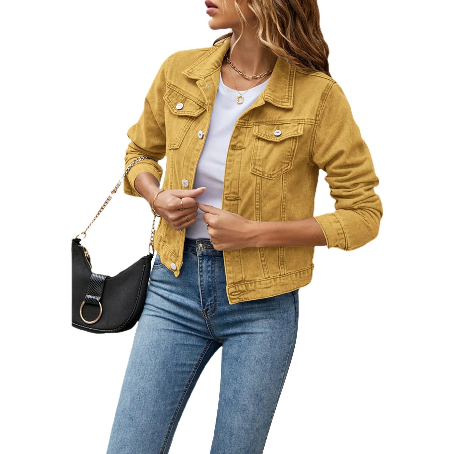 Women's classic blue denim jacket button-front closure relaxed fit timeless everyday casual layer