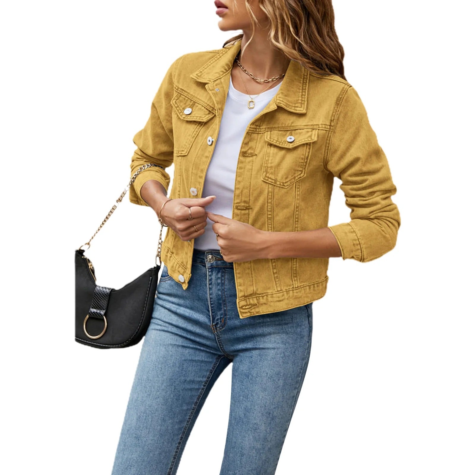 Women's classic blue denim jacket button-front closure relaxed fit timeless everyday casual layer