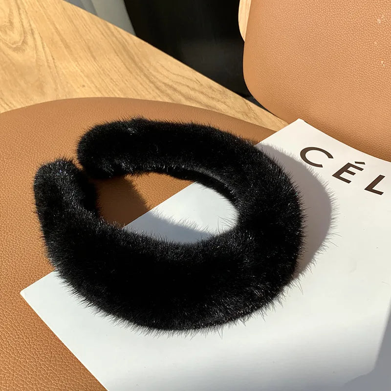 Soft plush faux fur headband in neutral tone elegant winter women's accessory everyday wear