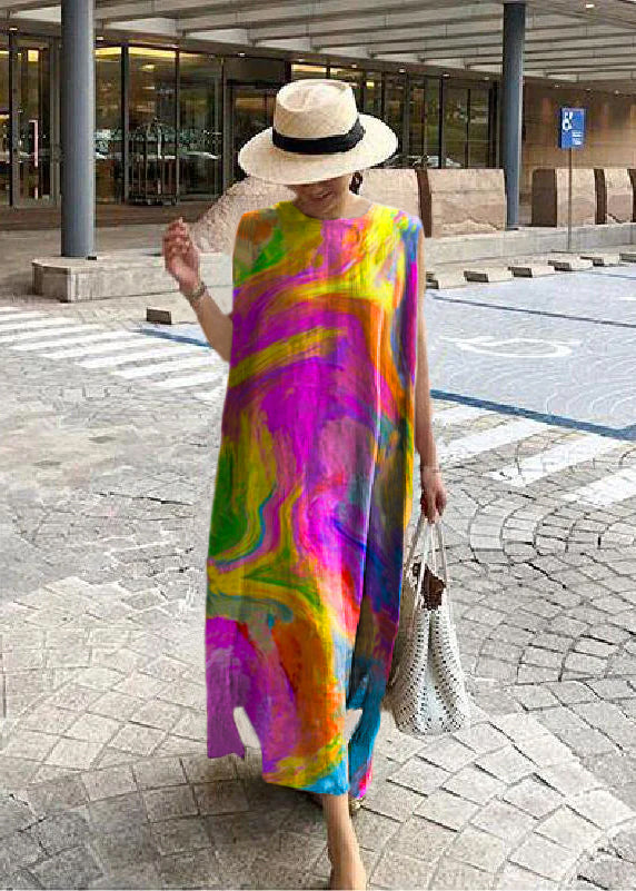 White floral linen maxi dress bohemian style with side slit, breezy one-size fit