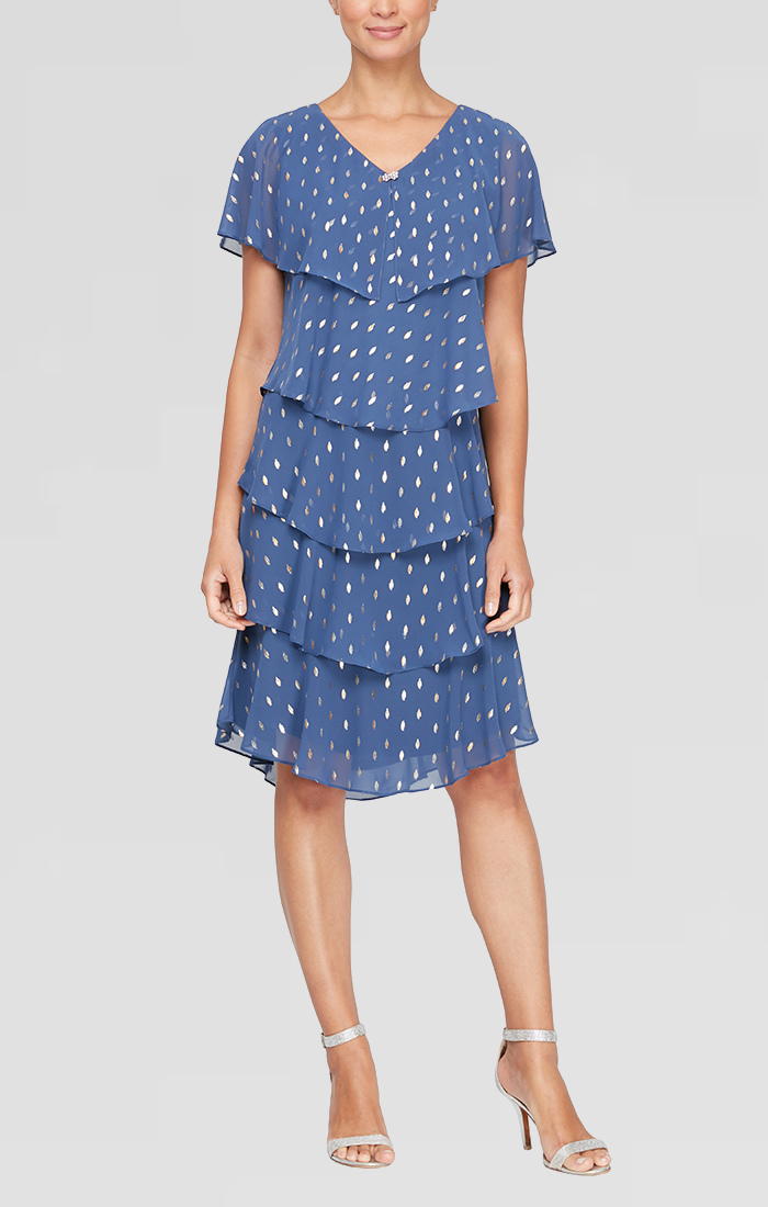 Short polka dot tiered chiffon dress V-neck flowy silhouette elegant mother of the bride style