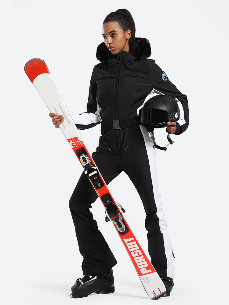 Women's one-piece ski suit faux fur trim 15K waterproof slim fit removable hood snow outerwear