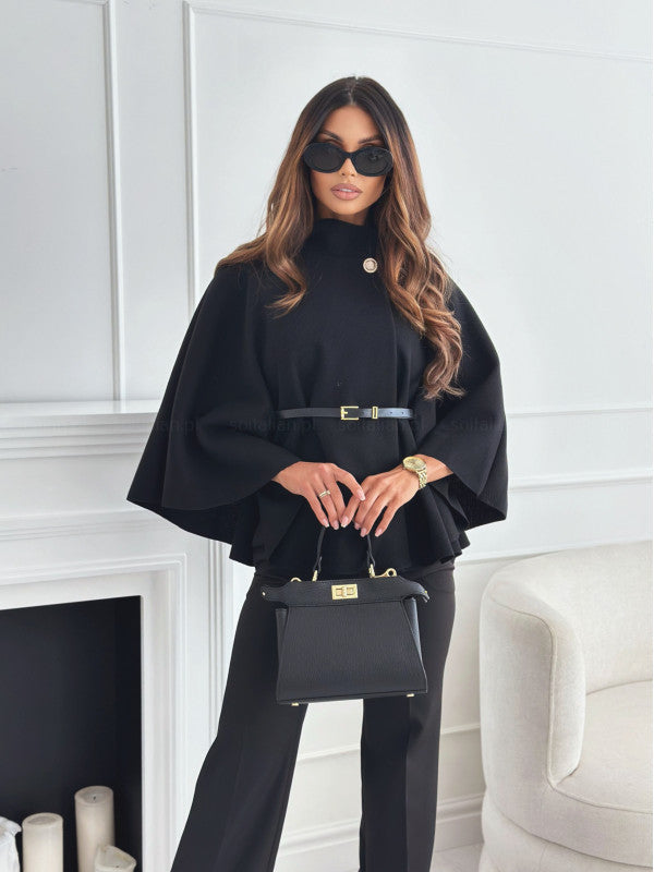 Women's belted poncho flowy fit soft lightweight fabric adjustable belt elegant autumn style