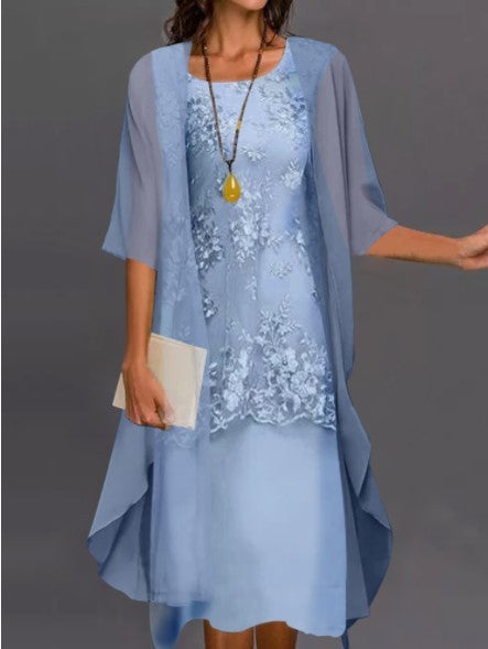 Women's elegant two-piece lace chiffon formal dress with delicate lace overlay and flowing silhouette