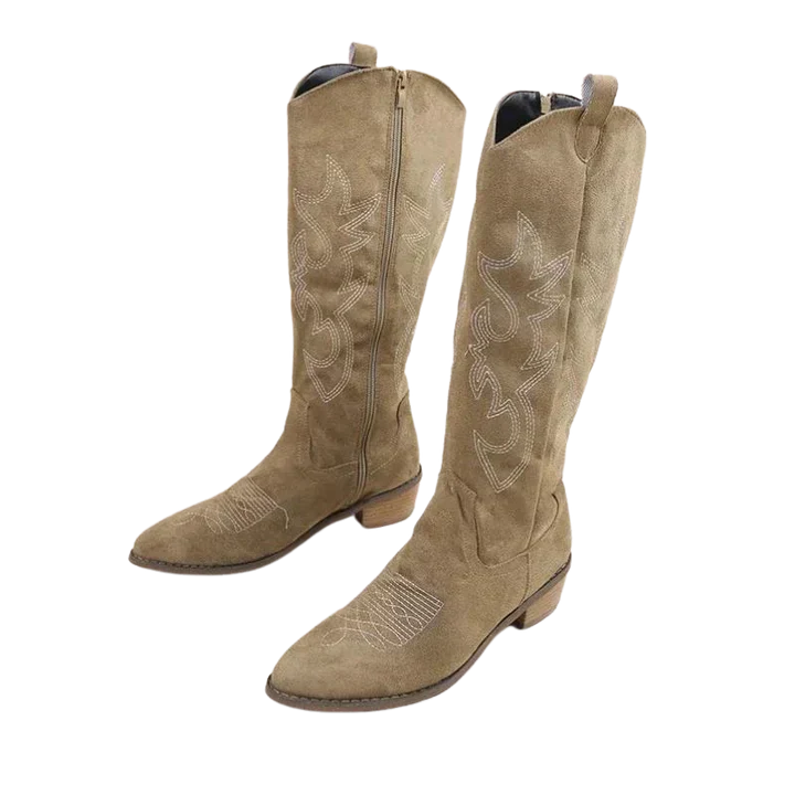 Women's brown leather cowgirl boots with pointed toe, pull-on Western style for dancing and daily wear