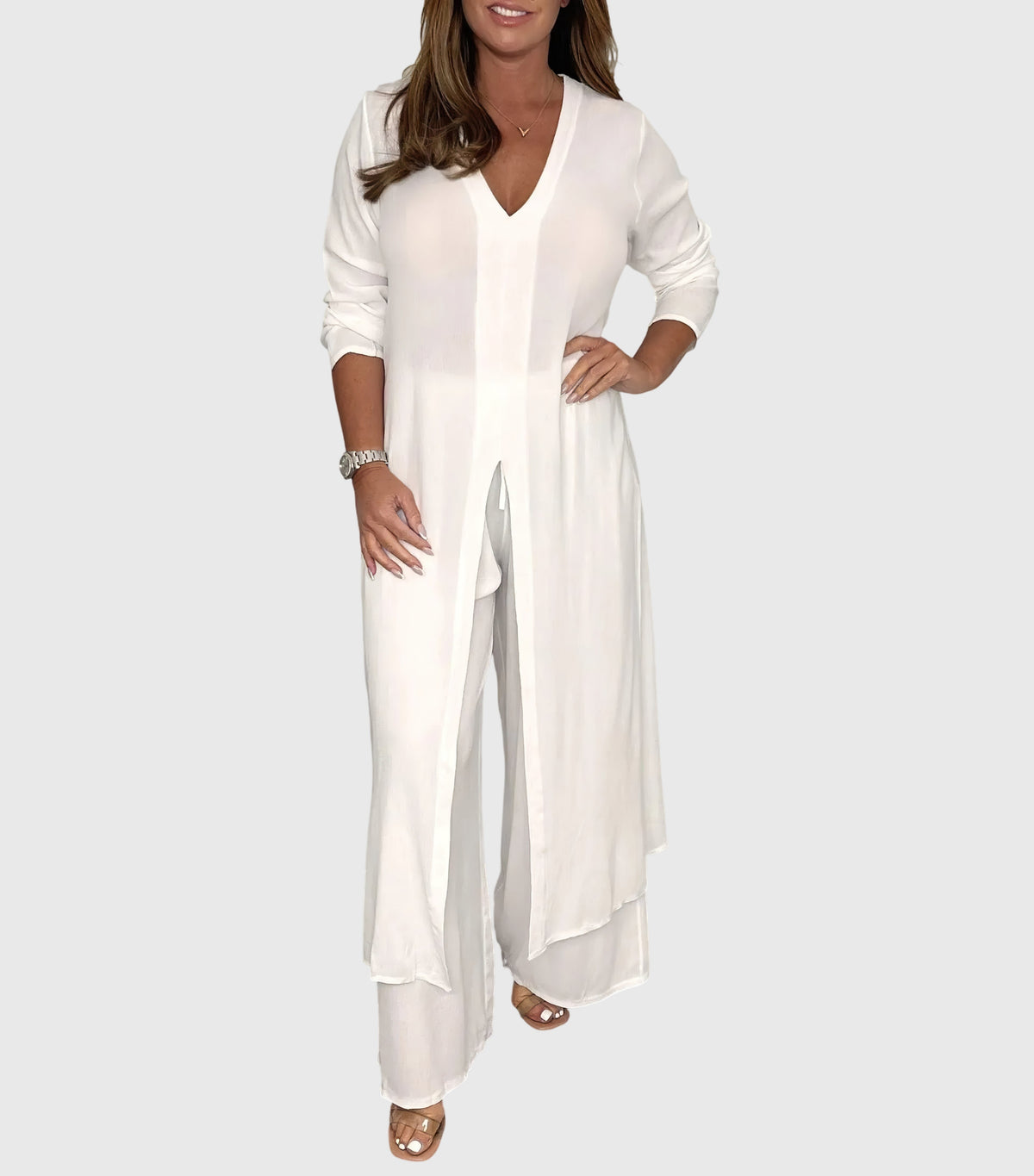 Pearl | Women's Duster Cardigan Two-Piece Set Wide Leg Pants