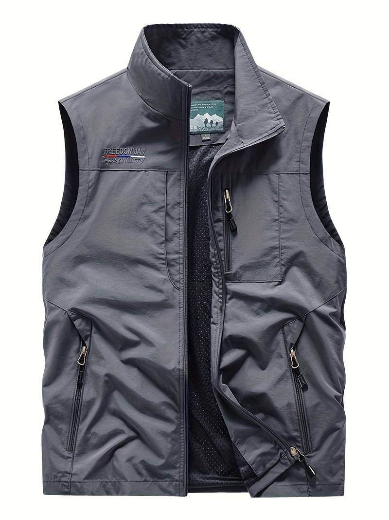 Men's khaki cargo vest with zippered pockets, durable outdoor layering piece for active wear