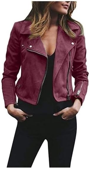 Women's faux suede moto jacket slim fit brown with modern zip details timeless chic style