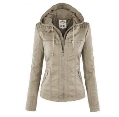 Women's faux leather jacket removable hood modern fit versatile pockets casual dressy black style