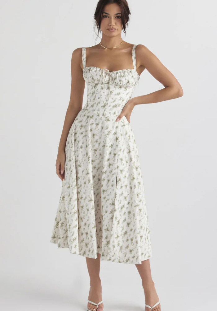 Floral A-line corset midi dress for women with adjustable back and waist-defining romantic silhouette